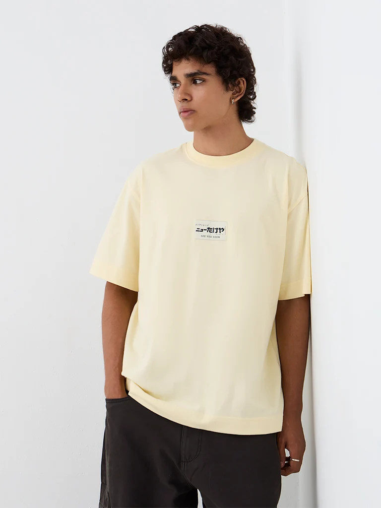 Nuon Light Yellow Japanese Printed Relaxed-Fit Cotton-Blend T-Shirt