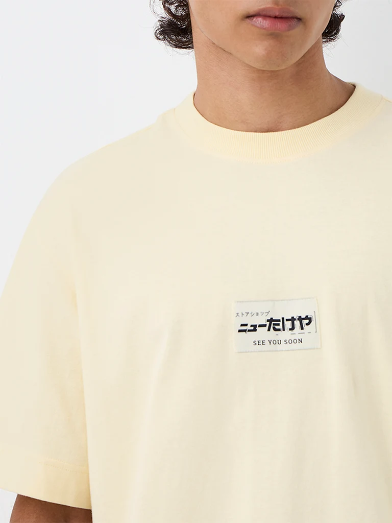 Nuon Light Yellow Japanese Printed Relaxed-Fit Cotton-Blend T-Shirt