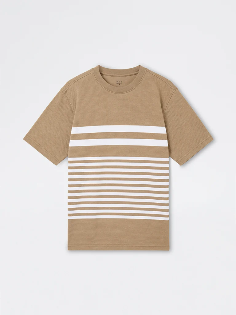 WES Lounge Beige Striped Relaxed-Fit Cotton-Blend T-Shirt