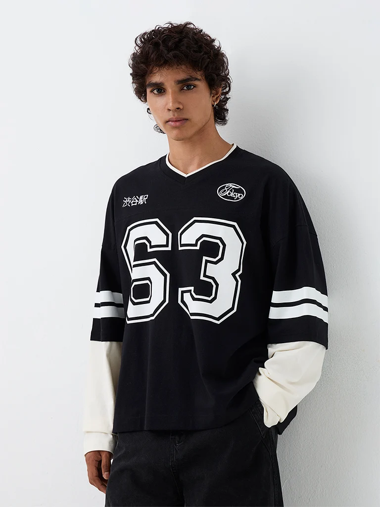 Nuon Black Numerical Printed Oversized-Fit Cotton T-Shirt