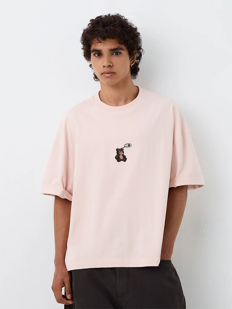 Nuon Light Pink Teddy Embroidered Oversized-Fit Cotton T-Shirt