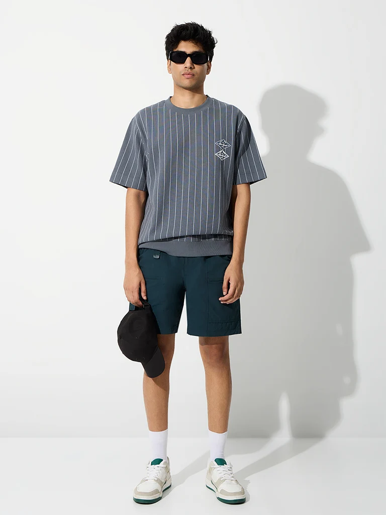 Nuoflexx Dusty Blue Striped Relaxed-Fit Cotton-Blend T-Shirt