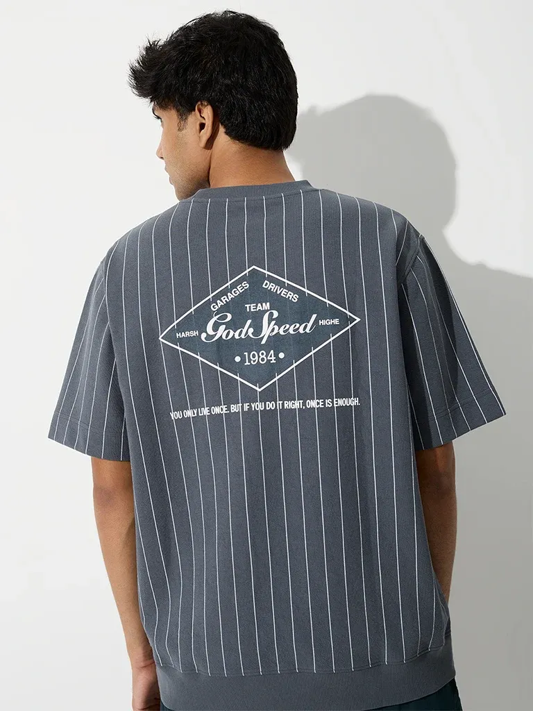 Nuoflexx Dusty Blue Striped Relaxed-Fit Cotton-Blend T-Shirt