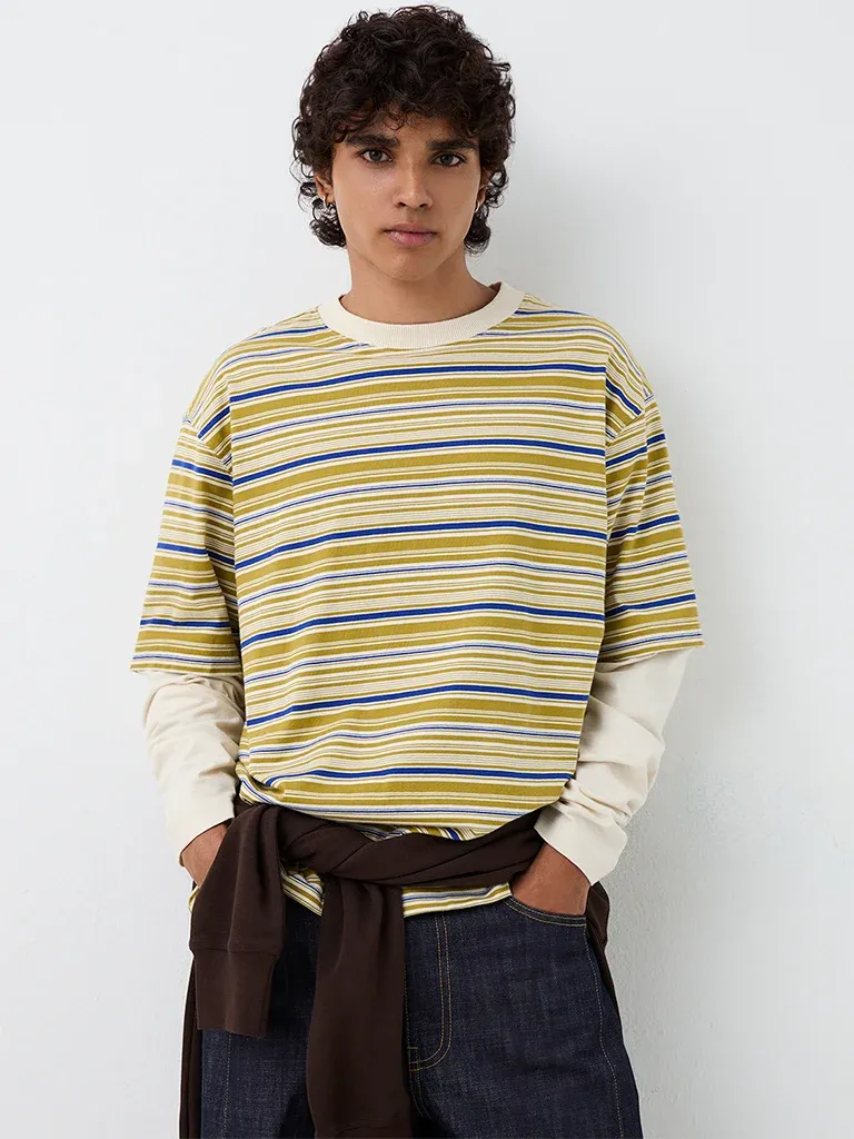 Nuon Light Mustard Striped Oversized-Fit Cotton T-Shirt