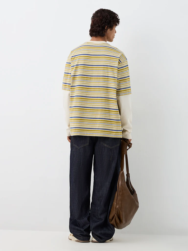Nuon Light Mustard Striped Oversized-Fit Cotton T-Shirt