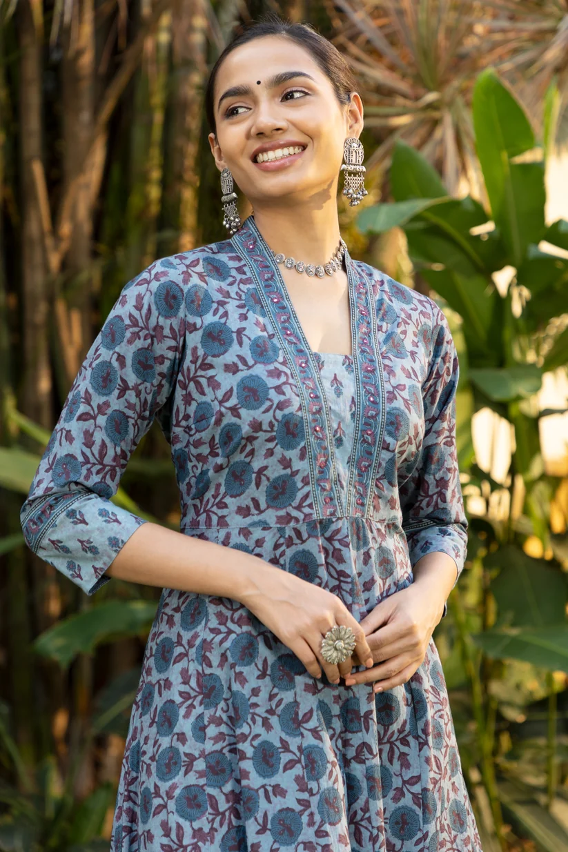 Dianthus Floral Printed Anarkali with Foil Mirror Embellishments- Blue