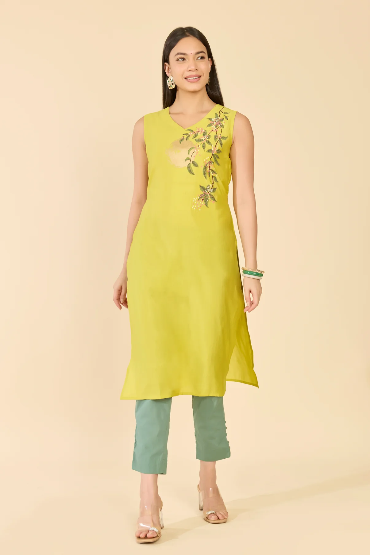 Lime Yellow Sun & Floral A-Line Kurta