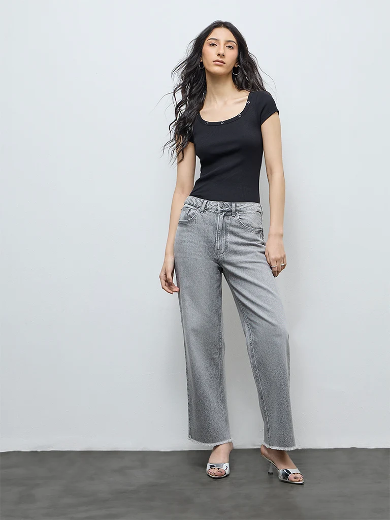 Nuon Grey-Wash High-Waist Straight Fit Jeans