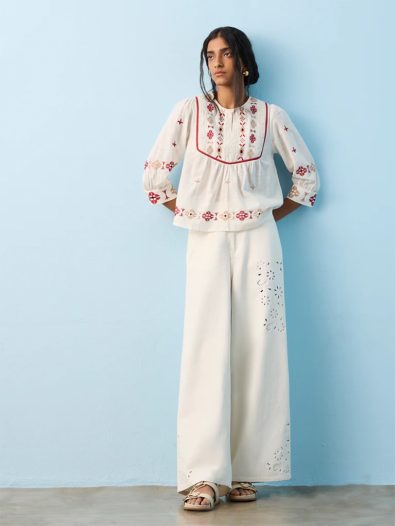 Bombay Paisley Off-White-Wash High-Waist Wide Leg Fit Jeans