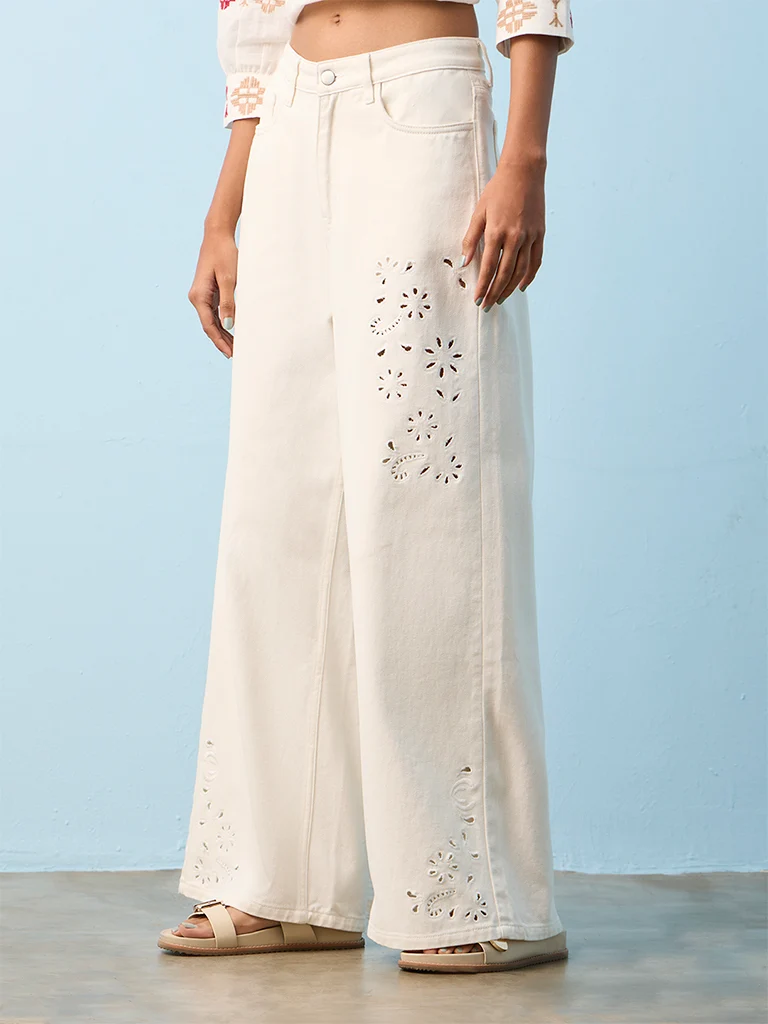 Bombay Paisley Off-White-Wash High-Waist Wide Leg Fit Jeans
