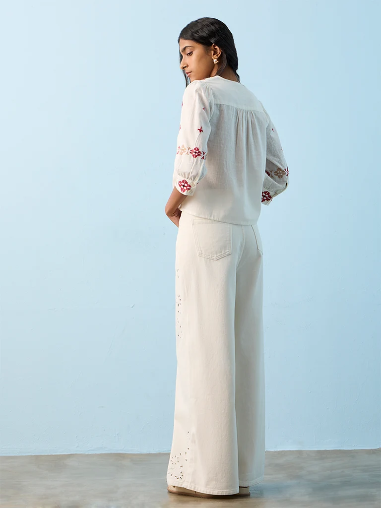 Bombay Paisley Off-White-Wash High-Waist Wide Leg Fit Jeans