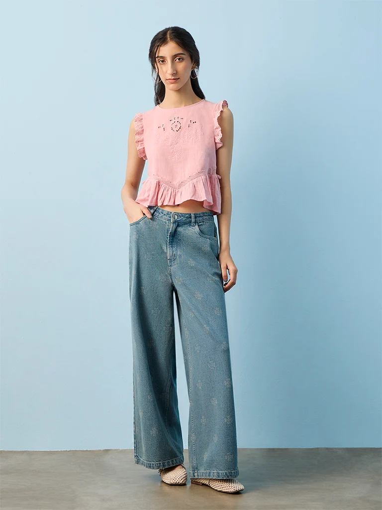Bombay Paisley Blue-Wash High-Waist Wide Leg Fit Jeans