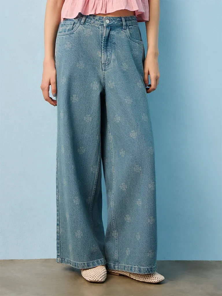 Bombay Paisley Blue-Wash High-Waist Wide Leg Fit Jeans