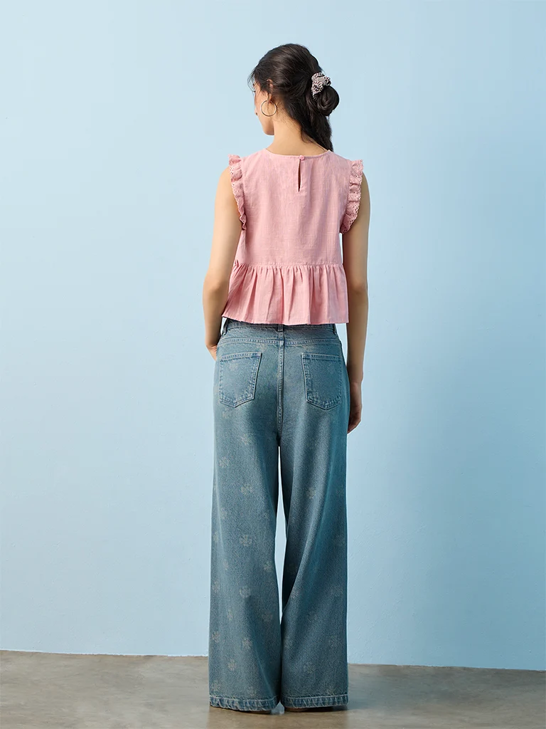 Bombay Paisley Blue-Wash High-Waist Wide Leg Fit Jeans