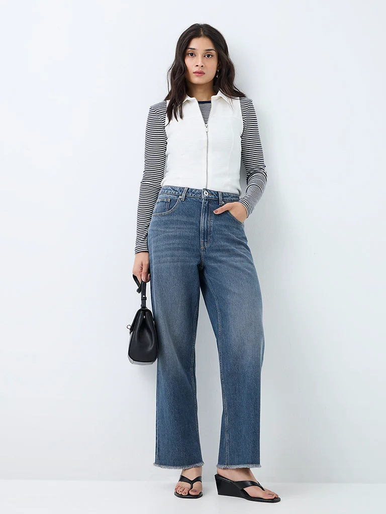 Nuon Dark-Blue-Wash High-Waist Straight Fit Jeans
