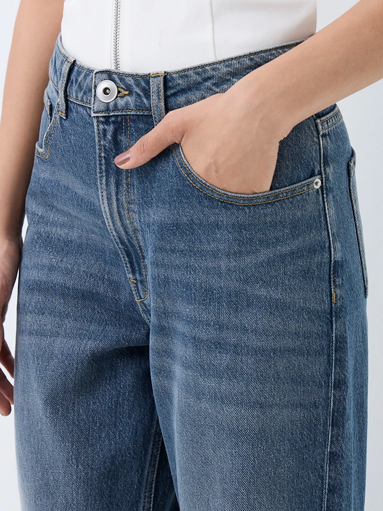 Nuon Dark-Blue-Wash High-Waist Straight Fit Jeans