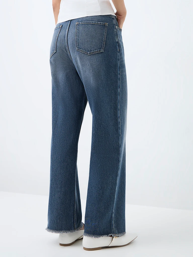 Nuon Dark-Blue-Wash High-Waist Straight Fit Jeans