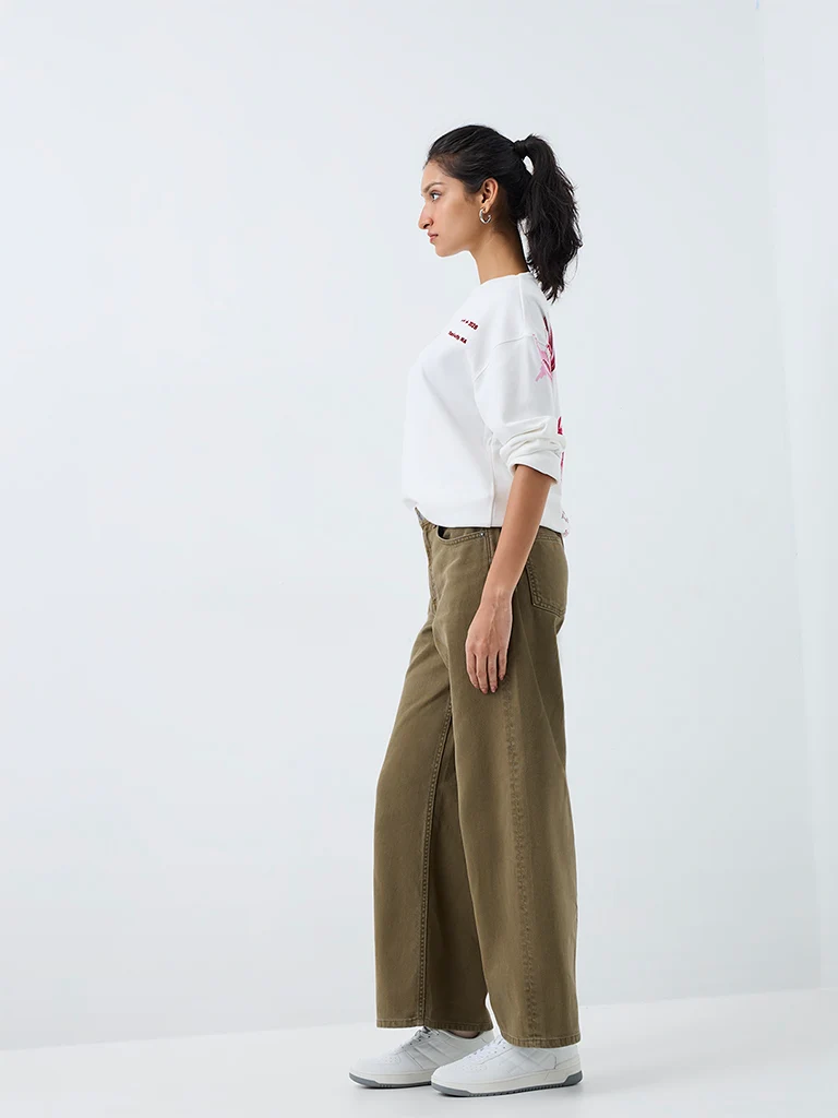 Nuon Olive-Wash High-Waist Wide Leg Fit Jeans