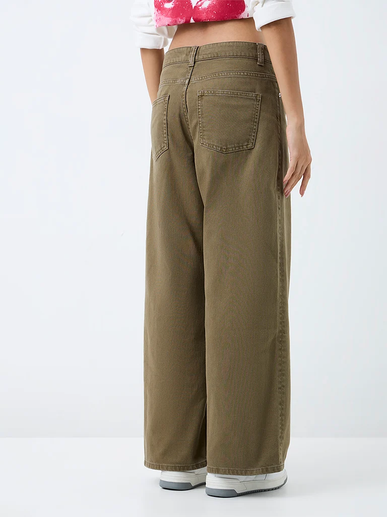 Nuon Olive-Wash High-Waist Wide Leg Fit Jeans