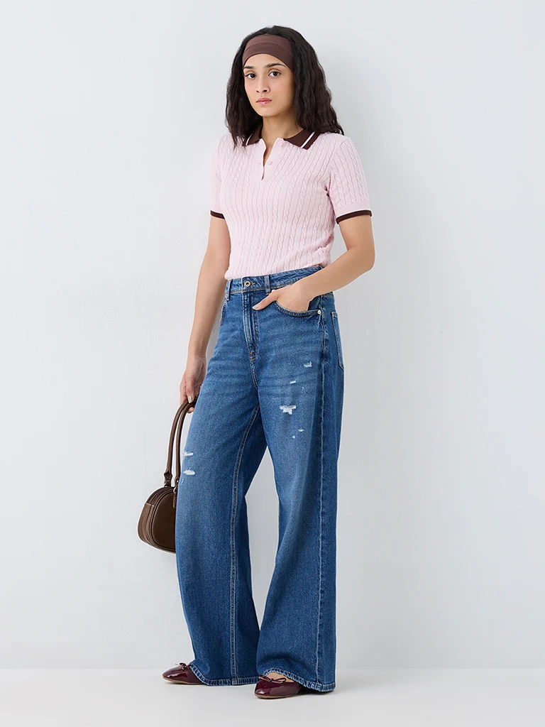 Nuon Dark Blue Wash High-Waist Jeans with Distressed Details