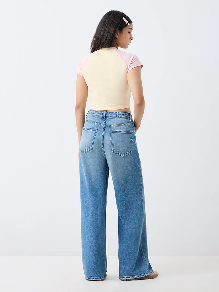 Nuon Blue Wash High-Waist Jeans with Distressed Details