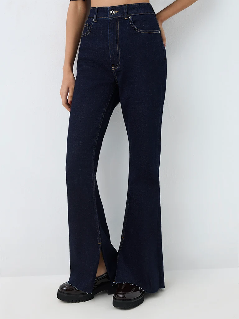 Nuon Dark Blue Solid High-Waist Bootcut Jeans