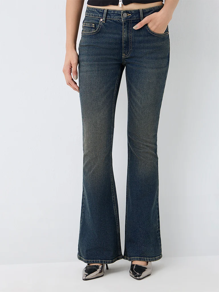 Nuon Dark Blue Wash High-Waist Bootcut Jeans with Butterfly Embroidery