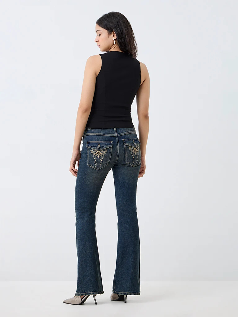 Nuon Dark Blue Wash High-Waist Bootcut Jeans with Butterfly Embroidery