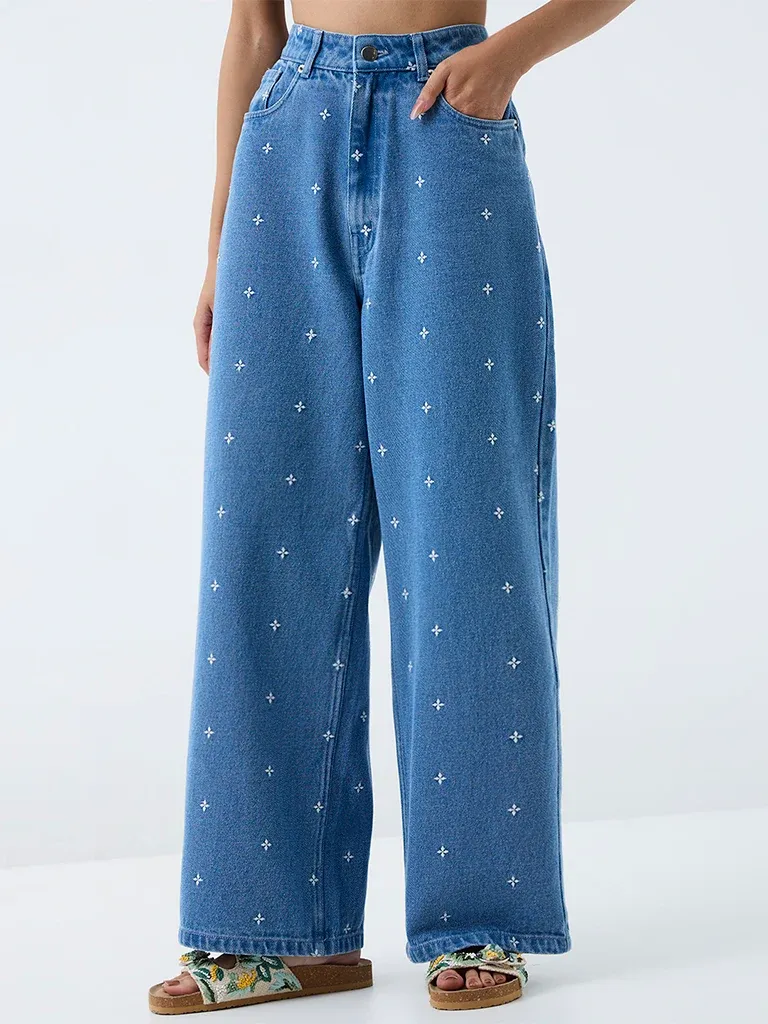 Bombay Paisley Blue Embroidered High-Rise Jeans