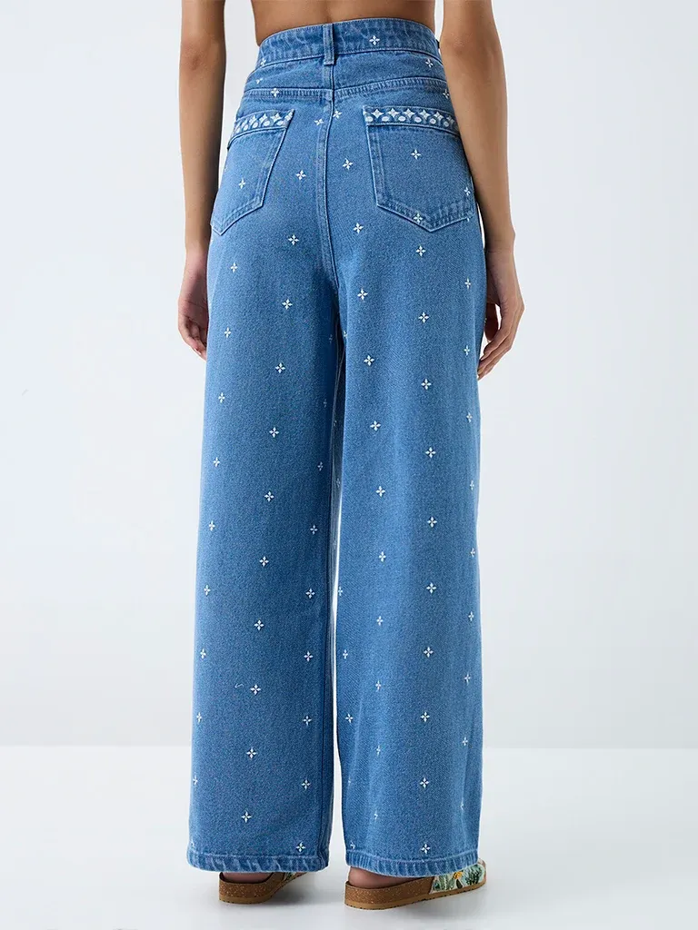 Bombay Paisley Blue Embroidered High-Rise Jeans