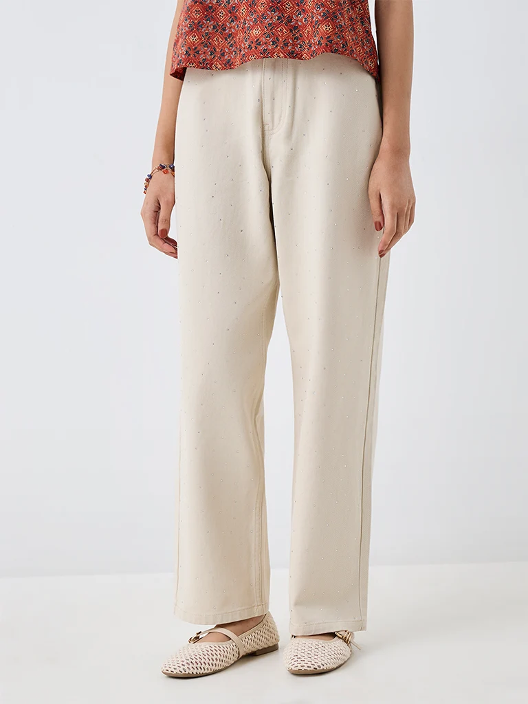Bombay Paisley Light Beige High-Waist Straight-Fit Jeans with Stud Detailing