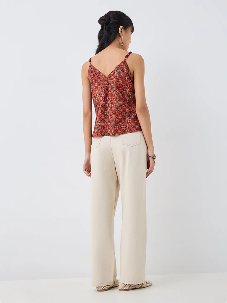 Bombay Paisley Light Beige High-Waist Straight-Fit Jeans with Stud Detailing