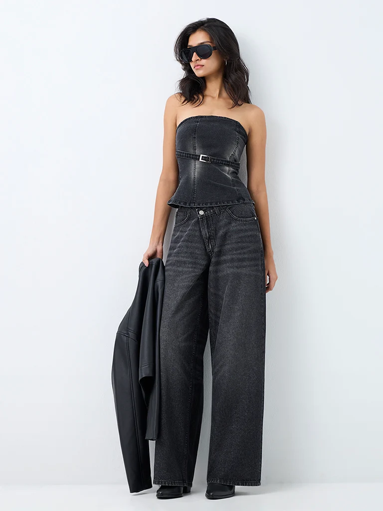 Nuon Black-Wash High-Waist Wide-Leg Fit Jeans