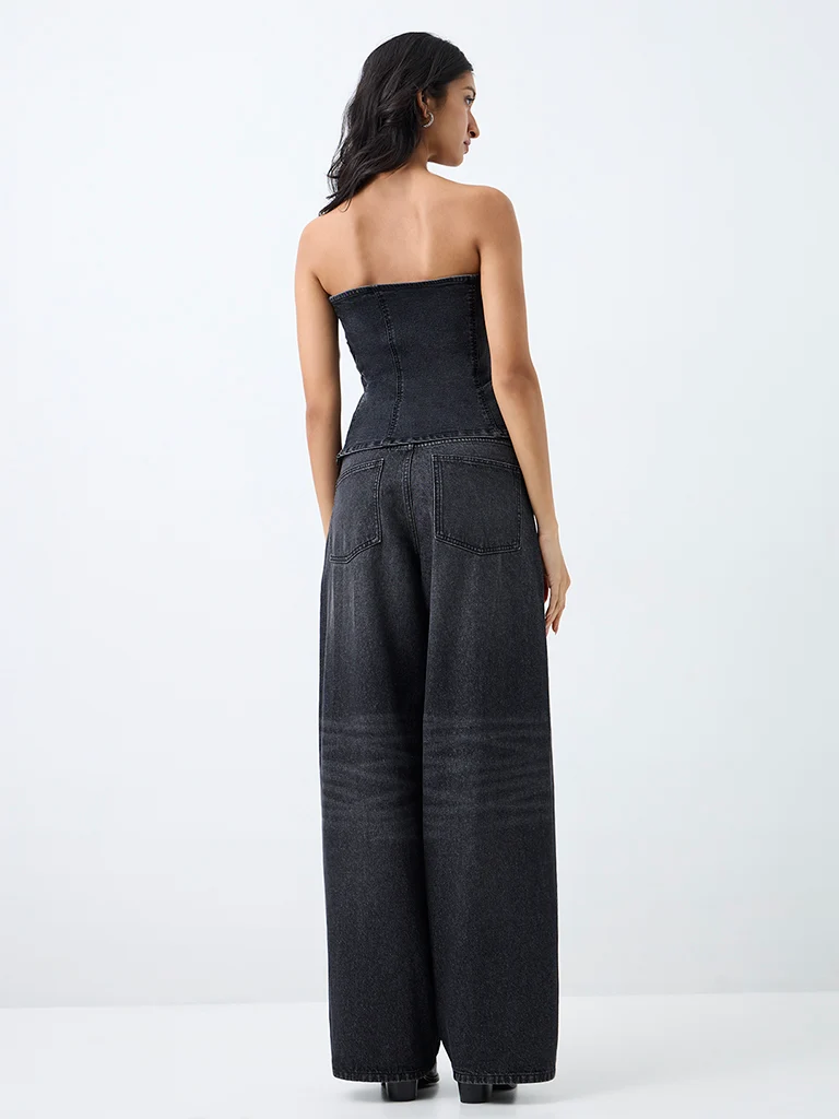 Nuon Black-Wash High-Waist Wide-Leg Fit Jeans