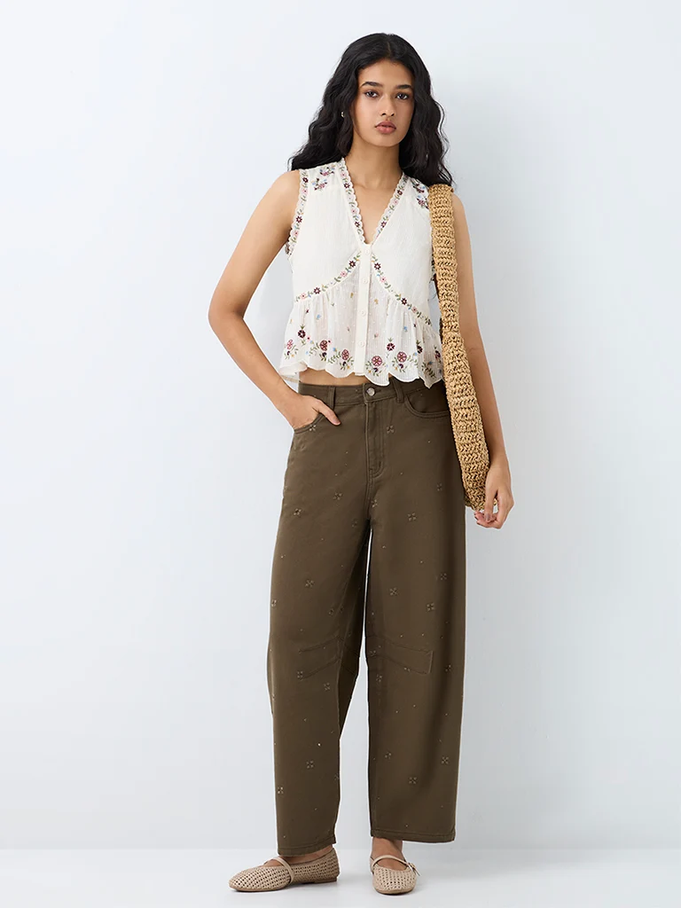 Bombay Paisley Olive-Wash High-Waist Barrel Fit Jeans
