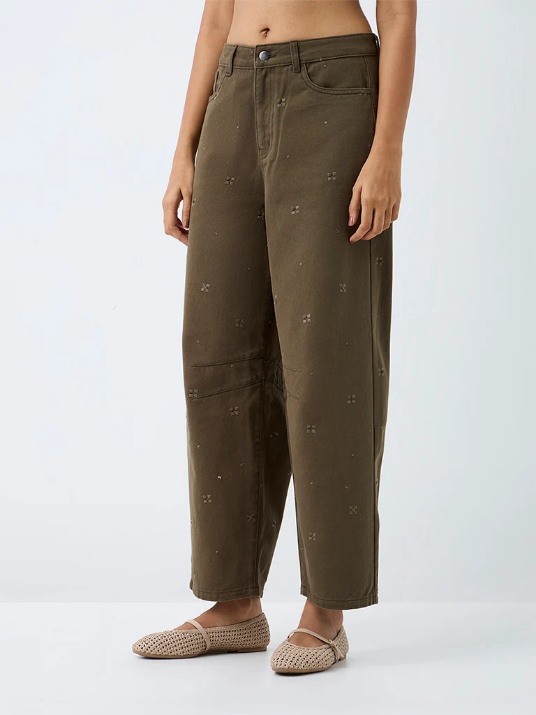 Bombay Paisley Olive-Wash High-Waist Barrel Fit Jeans