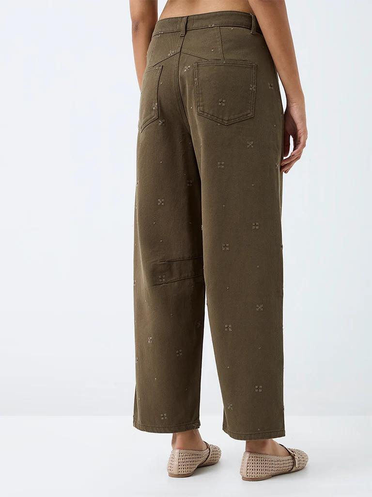 Bombay Paisley Olive-Wash High-Waist Barrel Fit Jeans