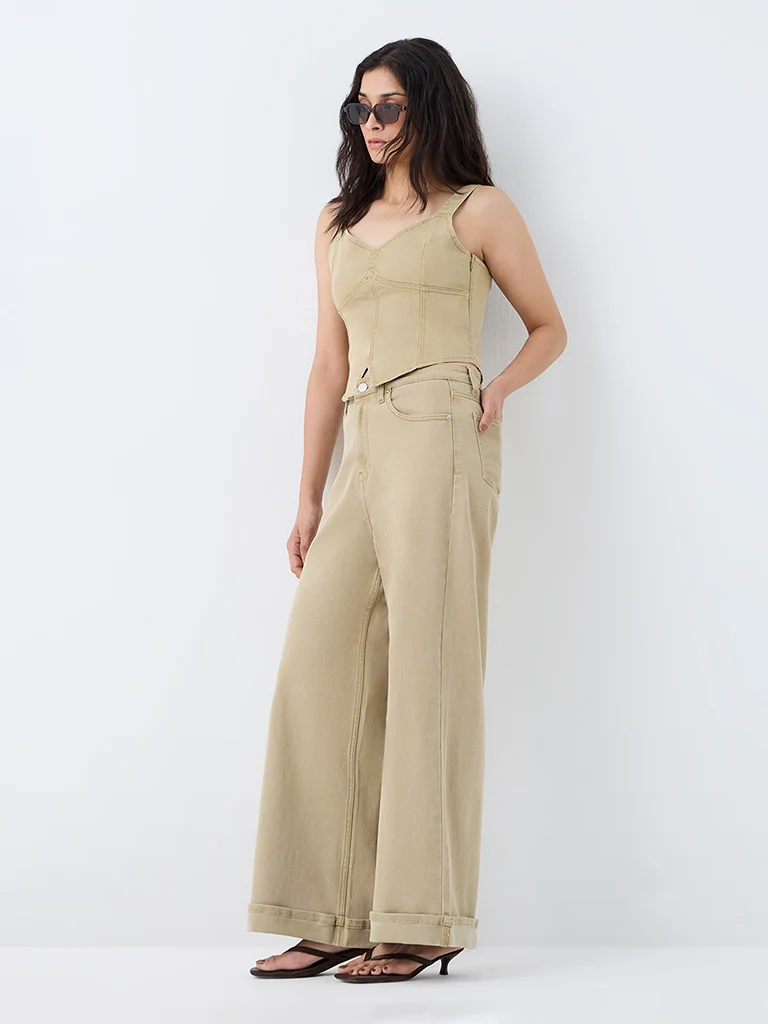 Nuon Light Khaki-Wash Solid High-Waist Jeans