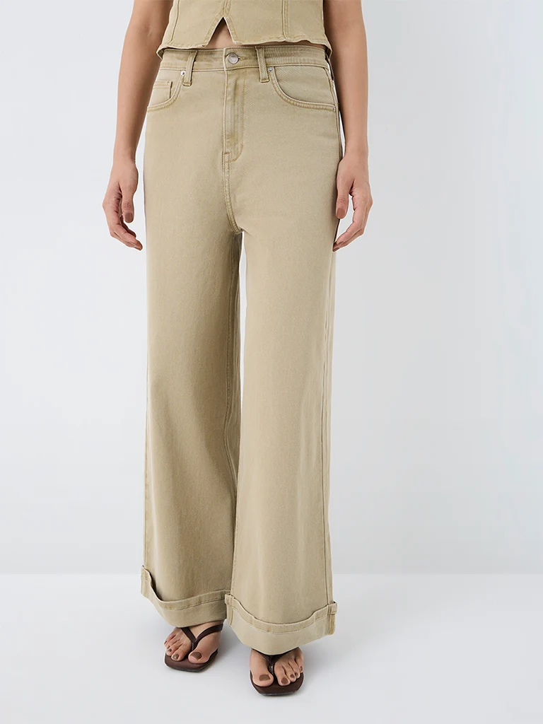 Nuon Light Khaki-Wash Solid High-Waist Jeans