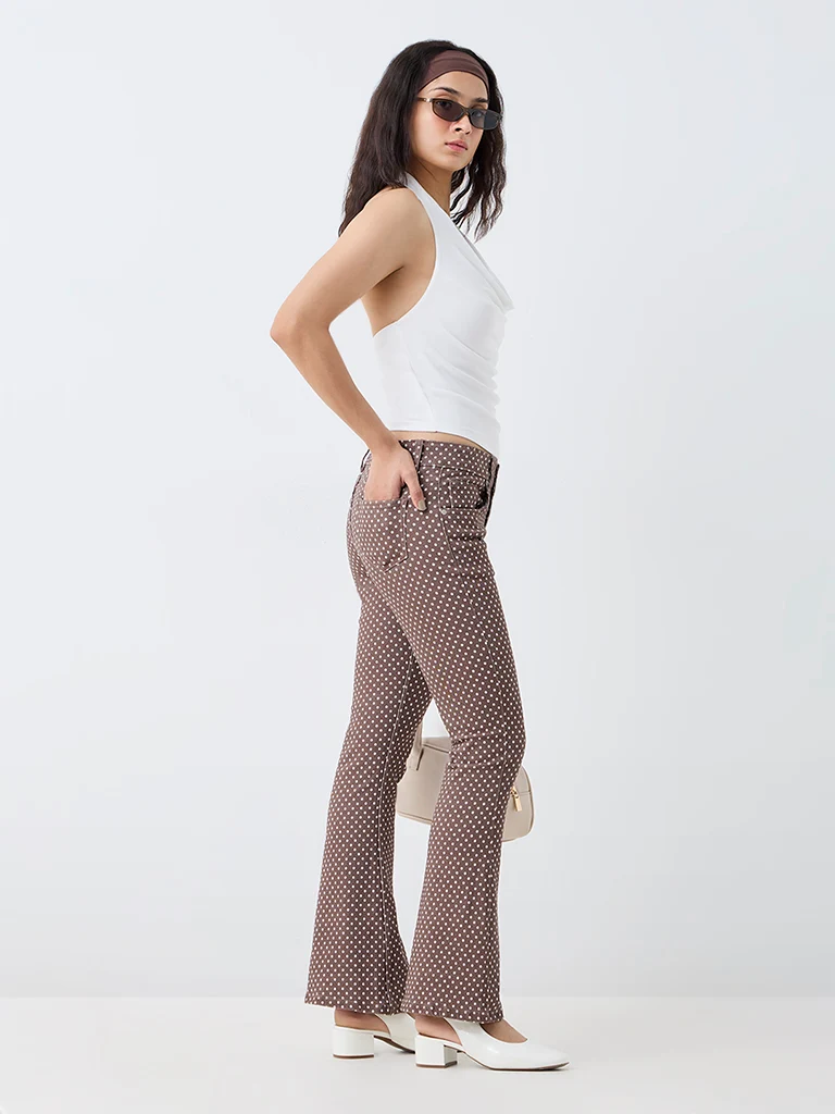 Nuon Brown High-Waist Bootcut Jeans with Polka-Dots