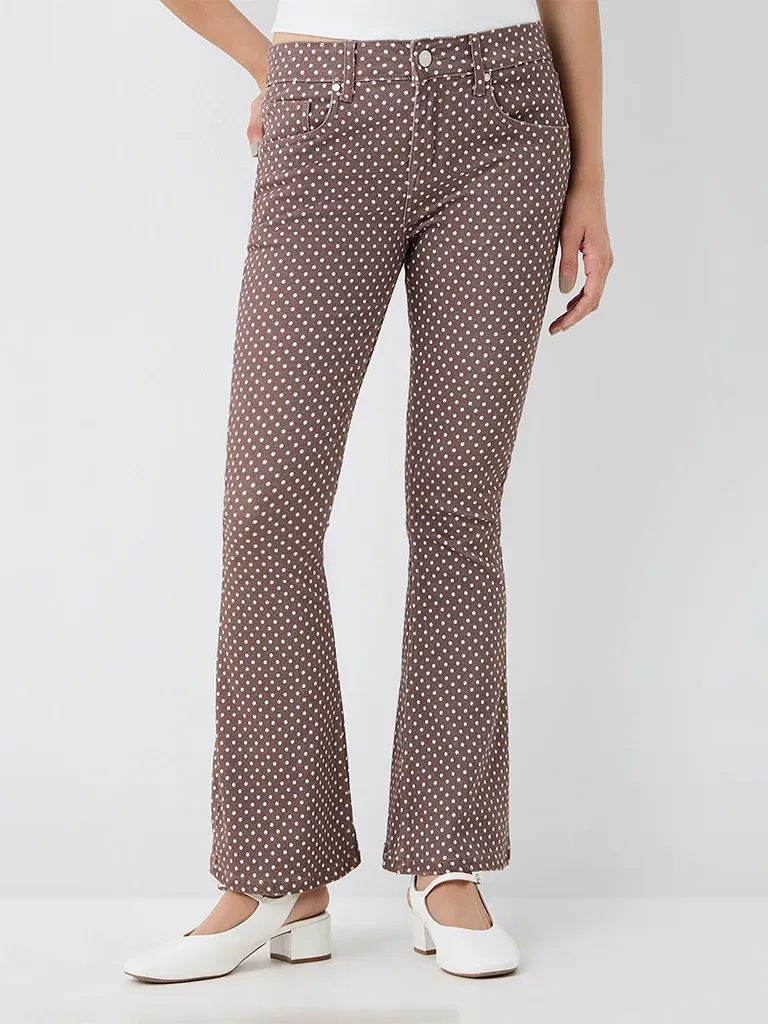 Nuon Brown High-Waist Bootcut Jeans with Polka-Dots