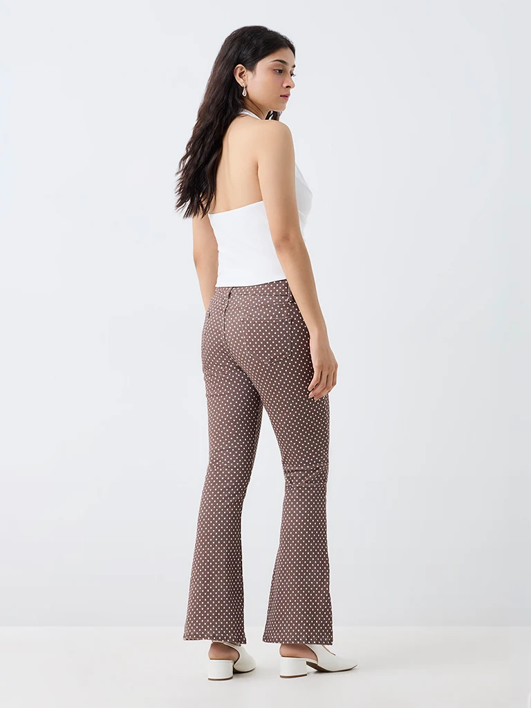 Nuon Brown High-Waist Bootcut Jeans with Polka-Dots