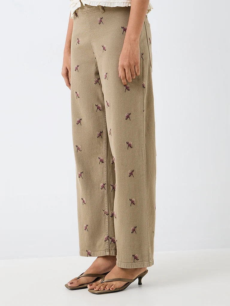 LOV Khaki High-Waist Jeans with Floral Embroidery