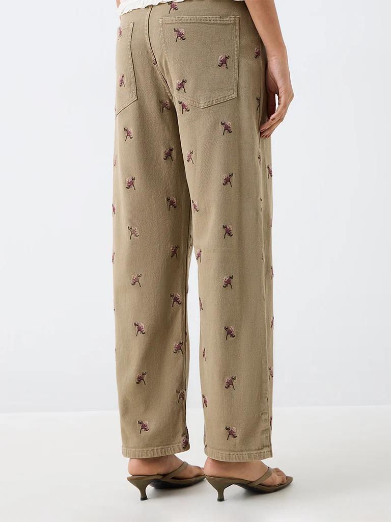 LOV Khaki High-Waist Jeans with Floral Embroidery