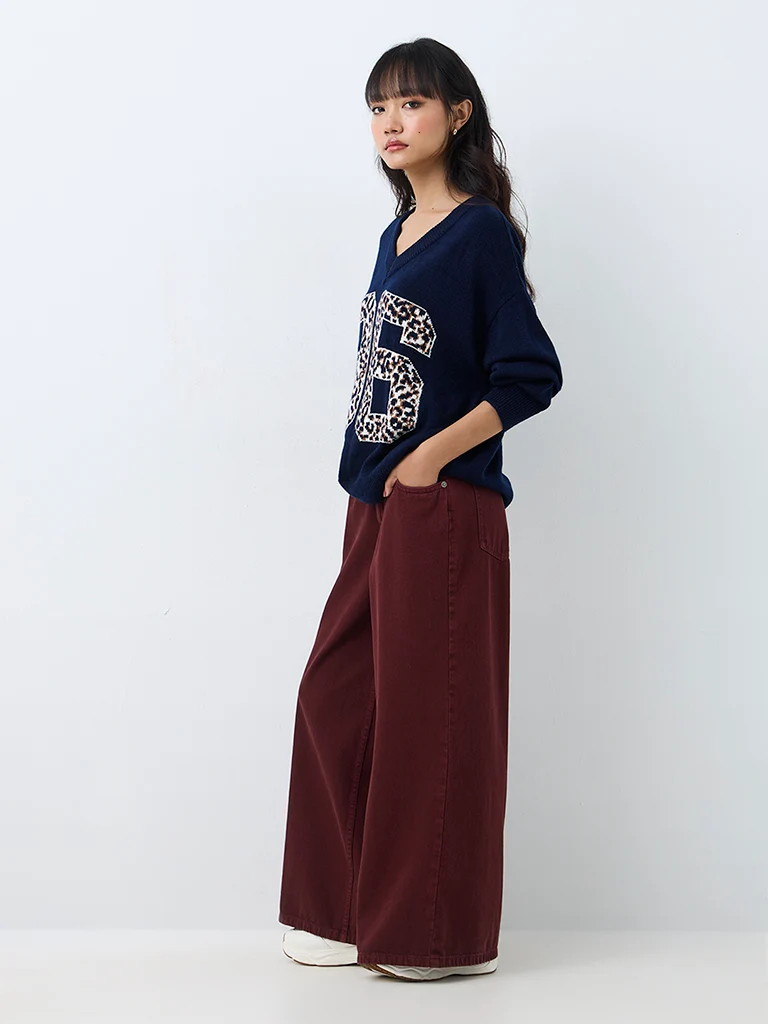 Nuon Burgundy Solid High-Waist Wide-Leg Jeans