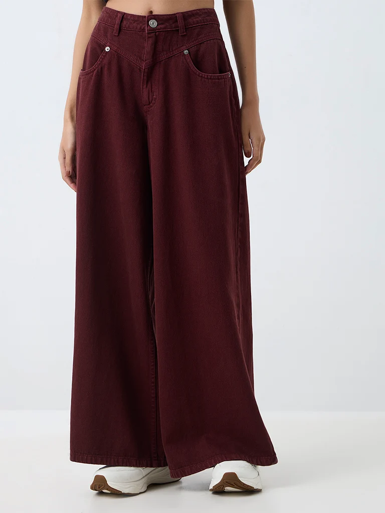 Nuon Burgundy Solid High-Waist Wide-Leg Jeans