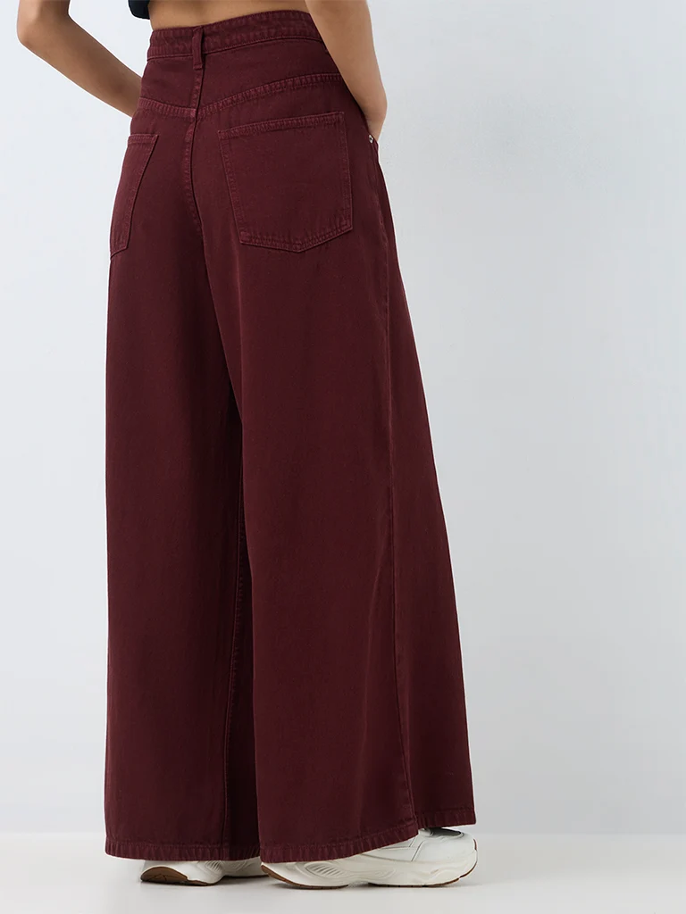 Nuon Burgundy Solid High-Waist Wide-Leg Jeans