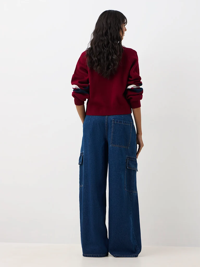 Nuon Dark Blue Relaxed-Fit High-Waist Cargo Jeans
