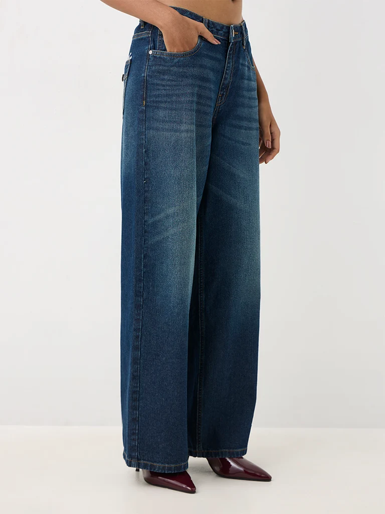 Nuon Dark Blue Wash Relaxed-Fit High-Waist Jeans with Text Detail