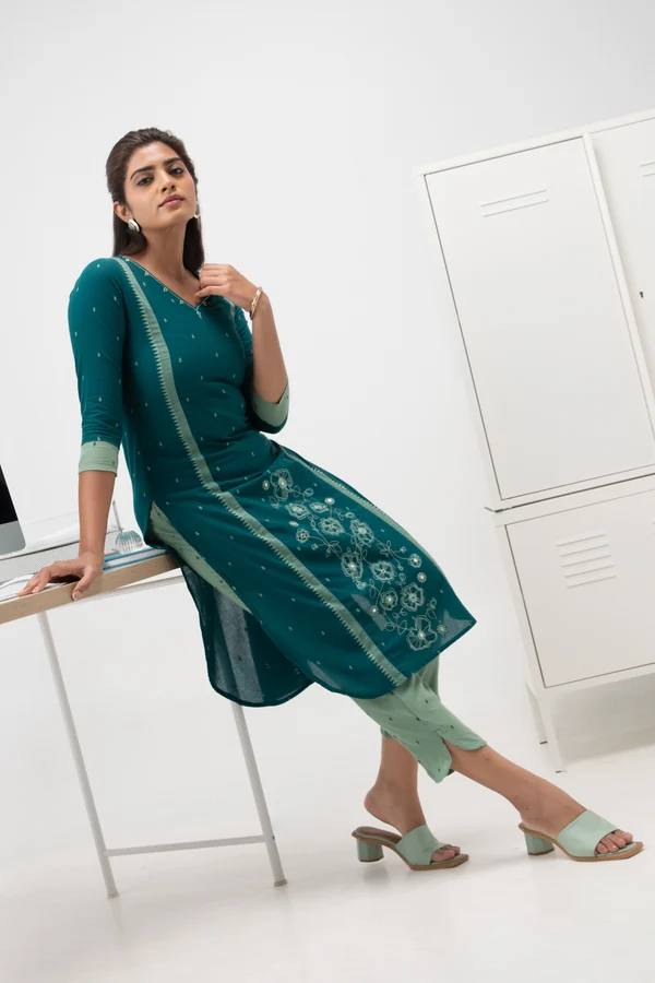 Green Cotton Kurta Pant Set